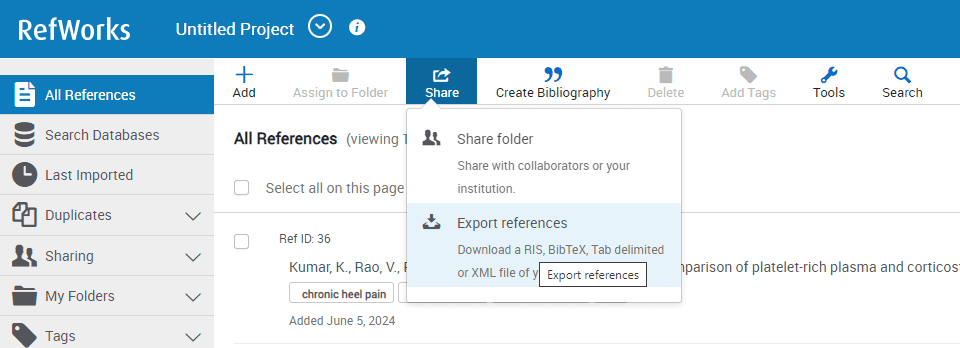 RefWorks Export references dialog with RIS Format selected